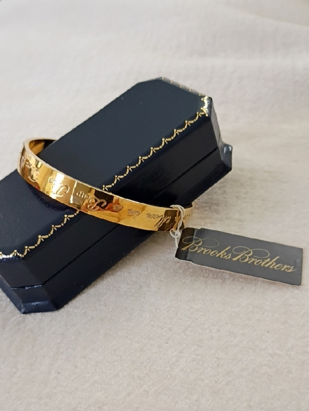 Brooks Brothers Gold Engraved Bangle Bracelet with Script Detail